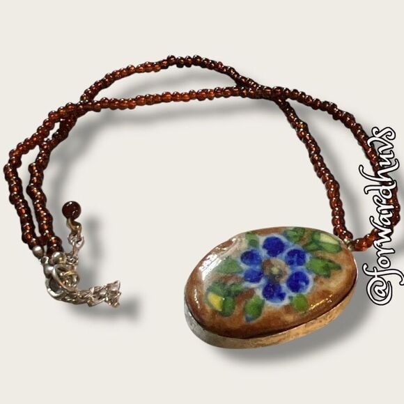 Hand Painted Pendant Necklace with Seed Bead Chain - Picture 9 of 12